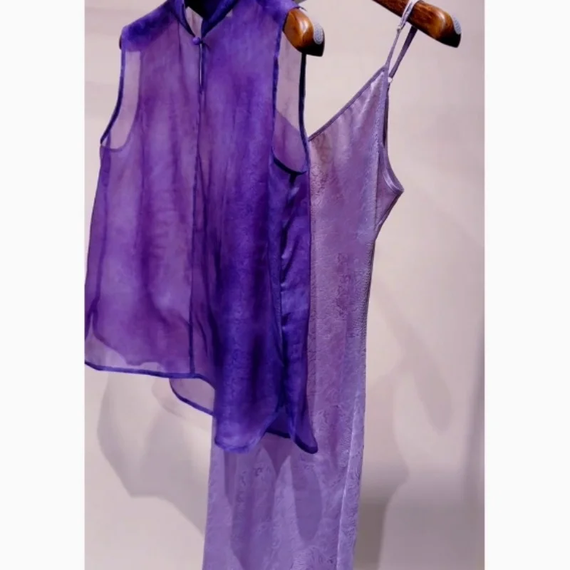 

Сексуальный прозрачный фиолетовый топ без рукавов, комплект платья-бретельки, женский комплект с воротником-стойкой, шелковистое на ощупь, мягкое облегающее платье, эротическое белье