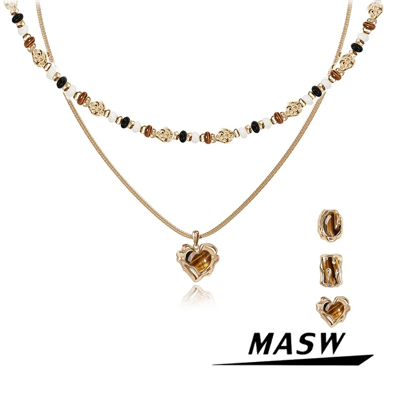 

MASW Original Design Vintage Temperament Brown Stone Bead Heart Pendant Necklace For Women Female Gift Fashion Jewelry