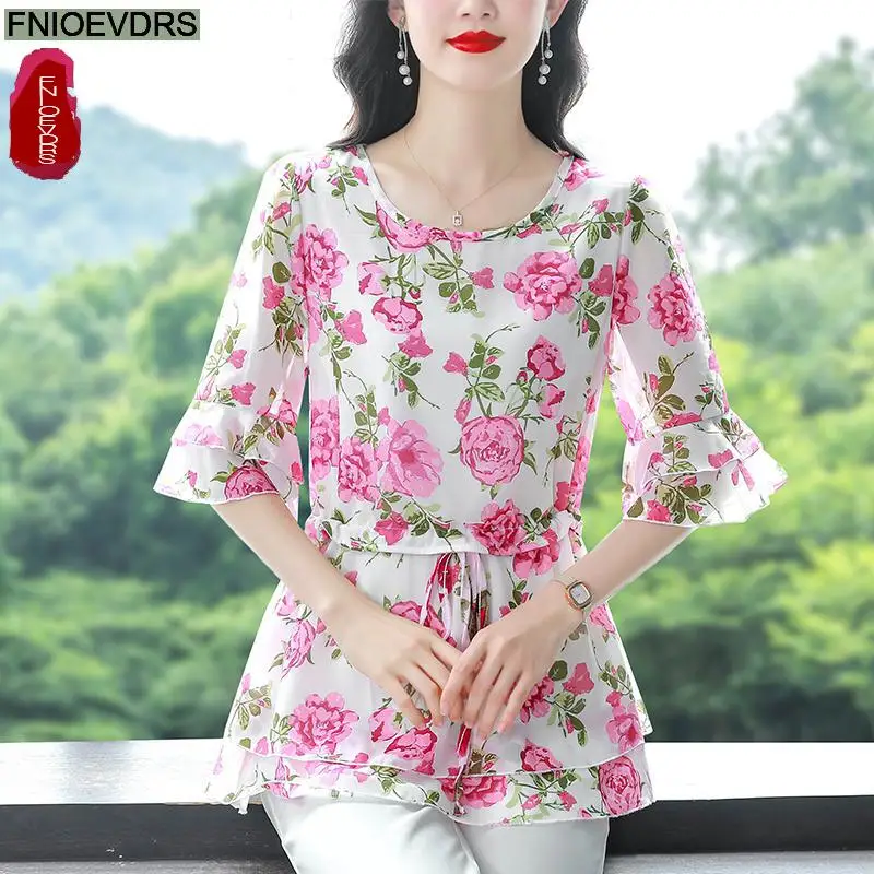 S-4XL Women Flower Floral Printing Long Tunic Drawstring Lace-Up Chiffon Shirt Blouses Bow Tie Retro Vintage Loose Peplum Tops