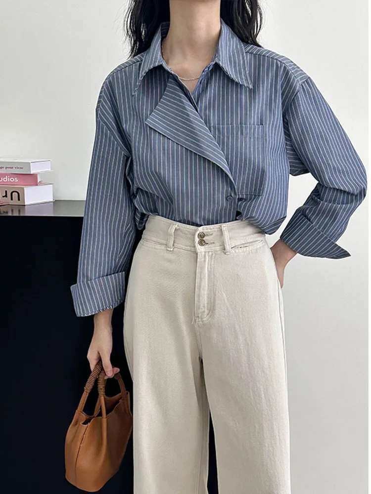 LANMREM Irregular Shirts For Women Lapel Long Sleeves Striped Chic Top Office Lady Clothing 2024 Summer Autumn New 2DA7015