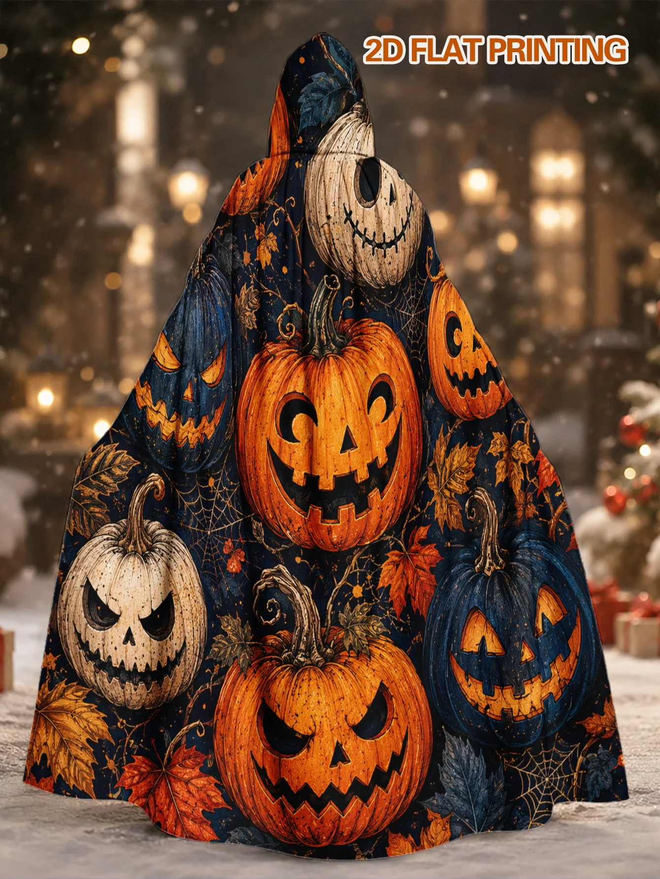 Customization 1pc, Long Hooded Costume Robe With Orange Pumpkins Dark Leaves Print, Adult Polyester Cape For Halloween Witch Par