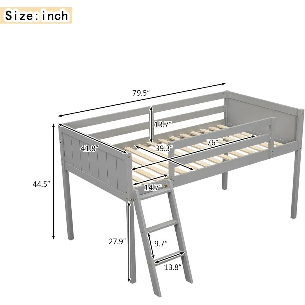 Twin Size Low Lot ed with Convertile Ladder,can e Placed on The Let or Right,edroom Wood ed e W/ull-Length Guardrails,No ox Spri