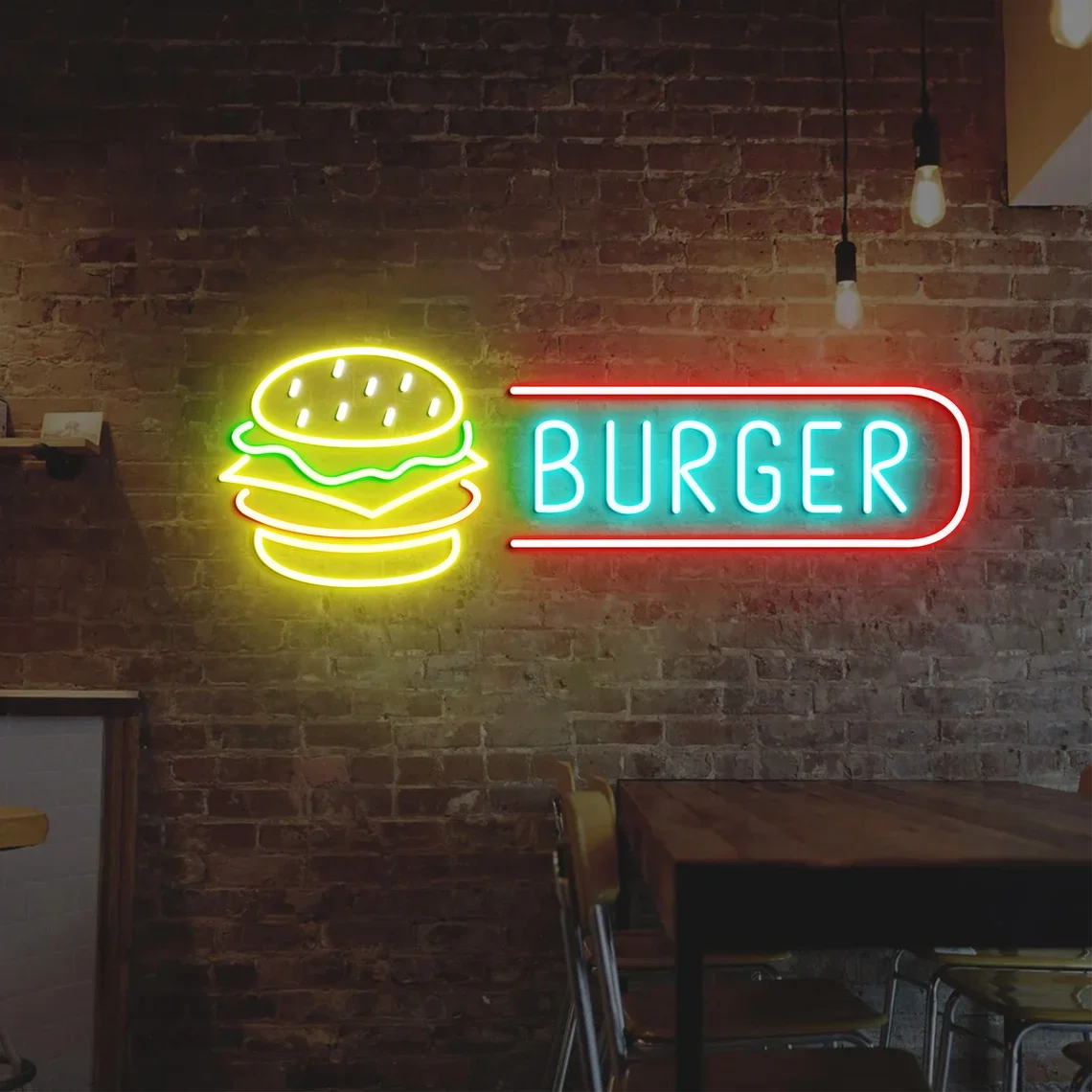 

Custom Burger Neon Sign Custom Fast Food Shop LED Neon Light Hamburger Shop Led Light Decor Gift for Opening