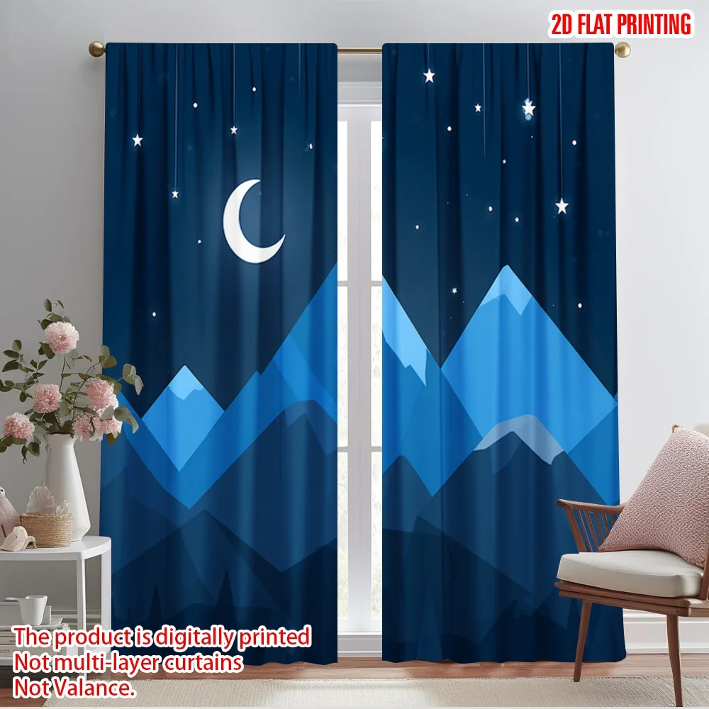 2pcs,2D plane printing Curtains&Window Treatment Crescent Moon Over Mountains Versatile Polyester Fabric (without rod)