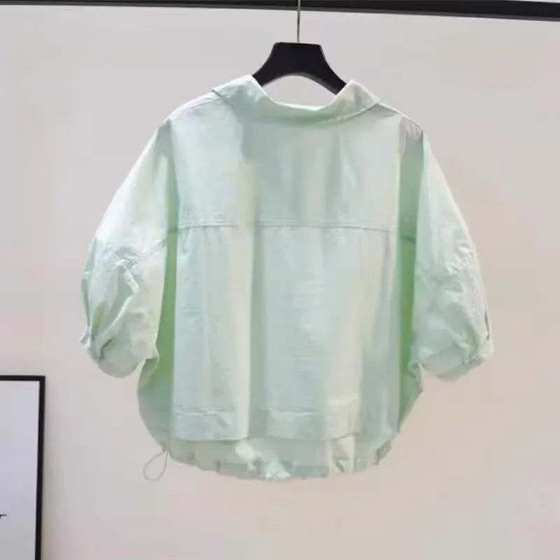 

Fashion Lapel Pure Cotton Short Sleeve Casual Shirt Women's Summer New Korean Solid Loose Drawstring Hem Short Tops