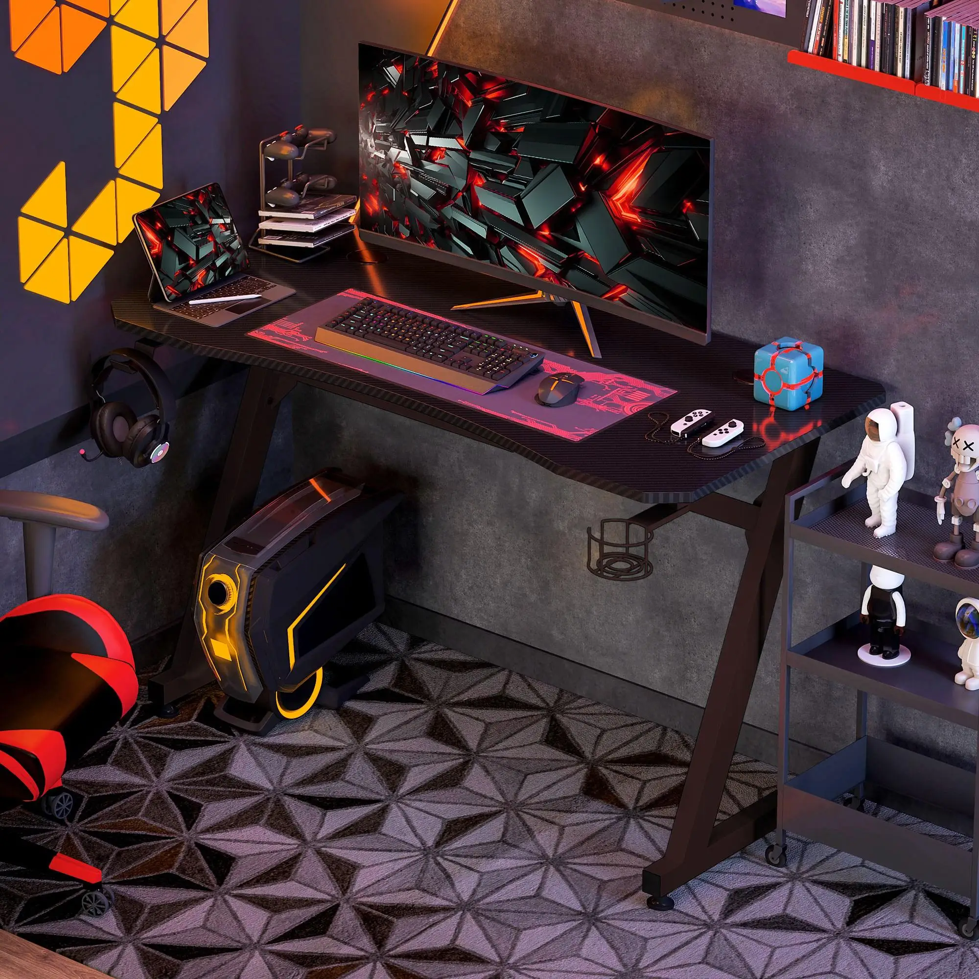 Support de bureau en acier Z-top 120x65 cm avec porte-gobelet et support pour écouteurs en fibre de carbone