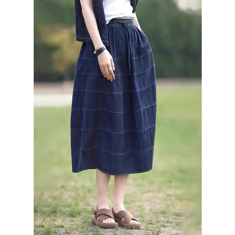 2024 Spring Summer New Arts Style Women Elastic Waist Loose Casual A-line Skirt Bright Line Decoration Cotton Denim skirt