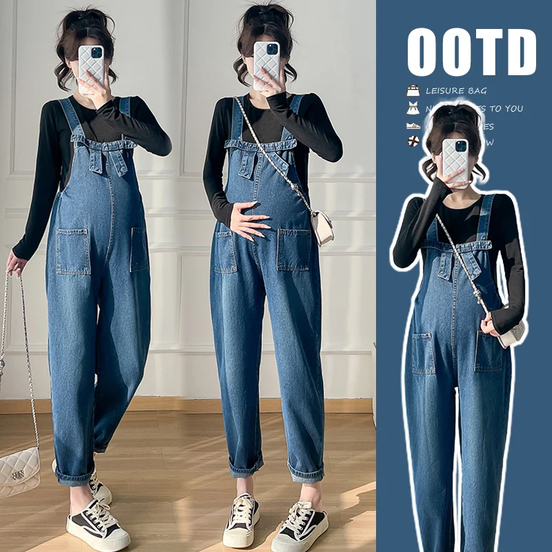 Preppy Style Pregnant Women's Denim Clothes Sets Black Long Sleeve T-shirt+Jumpsuits Two-piece Set Vintage Maternity Jeans Suits