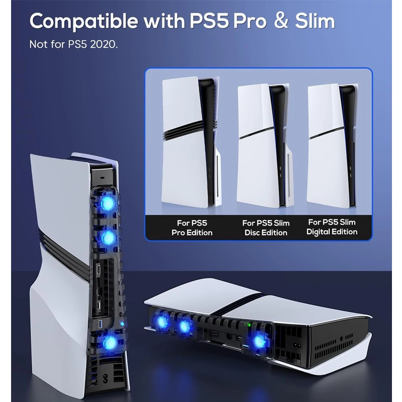 Automatische koelventilator voor PS5 Pro/PS5 Slim, USB 3.0-poort, 3 snelheden instelbaar, met LED-licht Stil en efficiënt koelsysteem