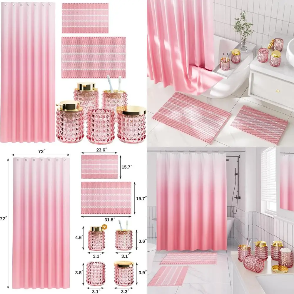 

Pink Bathroom Decor Set: Shower Curtain, Rugs, and Glass Accessories with Diamond Soap Dispenser
