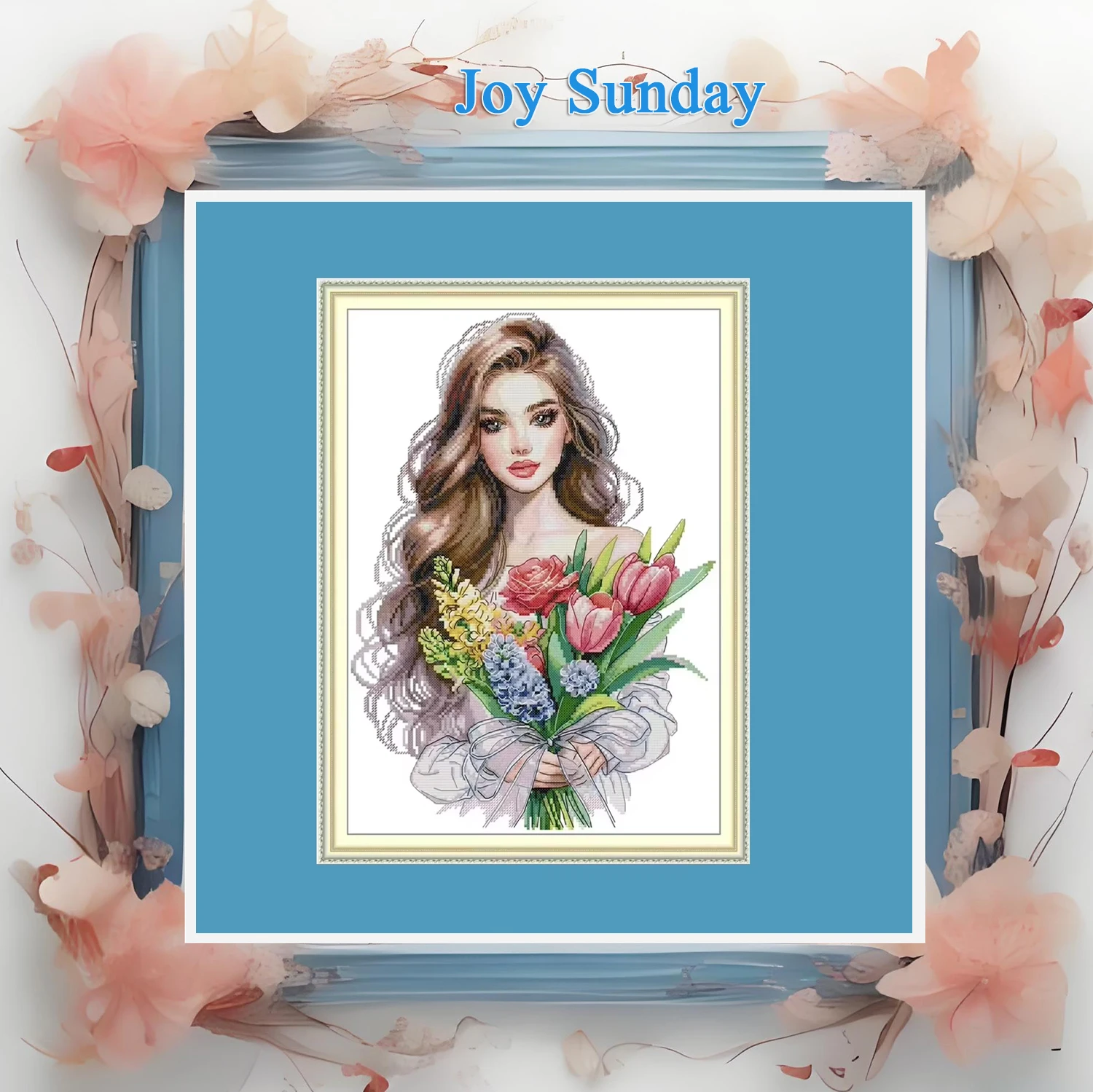 

Joy Sunday Pre-printed Cross Stitch Kit Easy Pattern Aida Stamped Fabric Embroidery Set Needlework Kit-Pretty Girl with Flowers