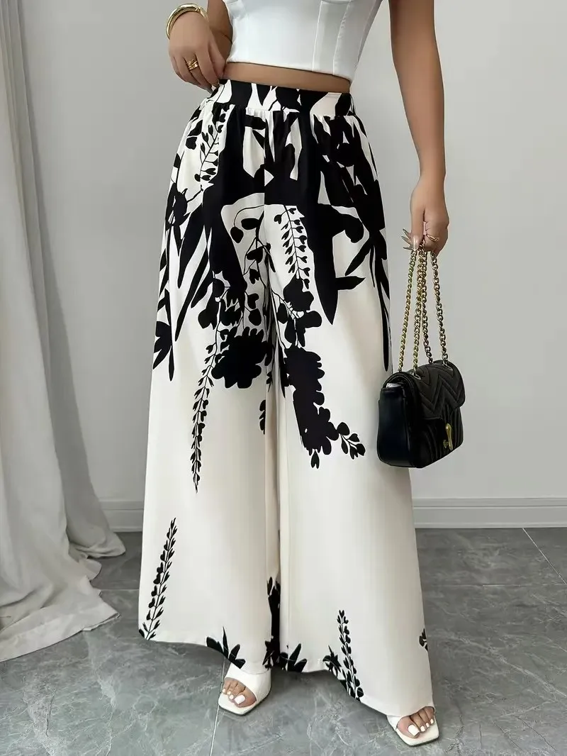 Women's Fashion Printed Tie-Waist Slimming Casual Long Pants Cross-Border Wholesale Comfortable Wide Leg Trousers