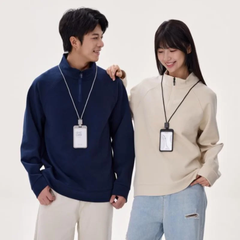 Fashionable pure cotton men's and women's half zipper pullover hoodie long sleeved T-shirt custom printed embroidered logo