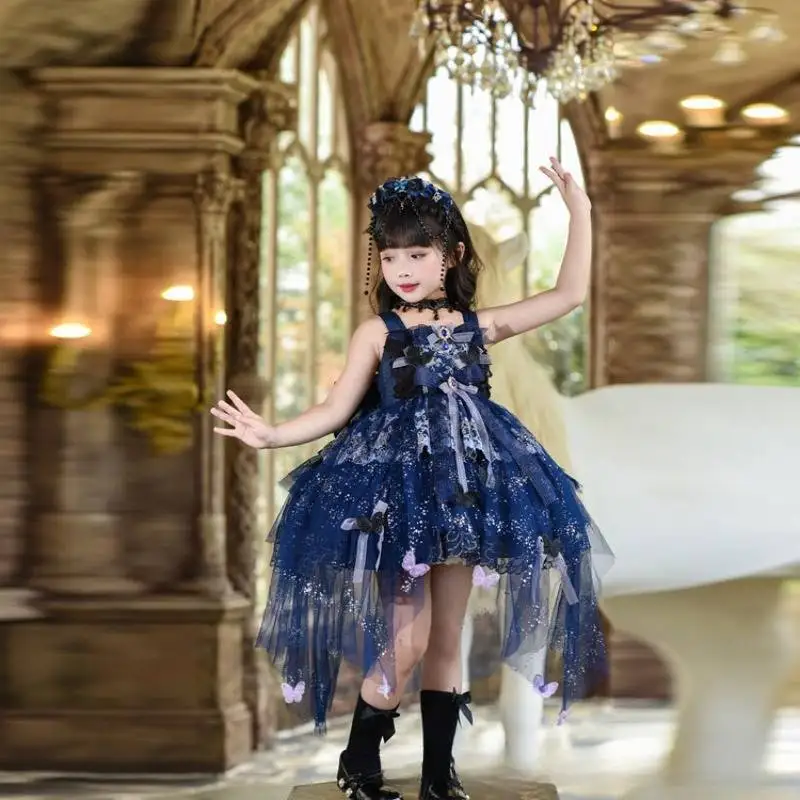 Dunkelblaues Lolita-Kleid für Mädchen, Kinder-Schmetterlings-Schlepprock, ärmelloses, voluminöses Ballkleid für Geburtstagsfeiern und Halloween-Kostüme – Detail 4