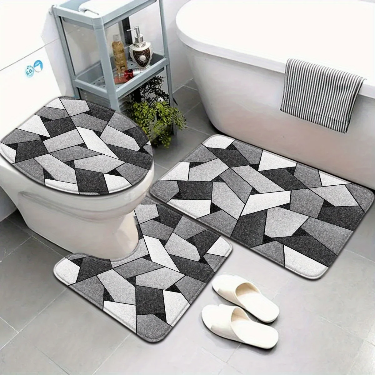 

3-piece gray and white geometric bathroom set - polyester fabric, machine washable, non-slip mat, U-shaped mat, toilet mat
