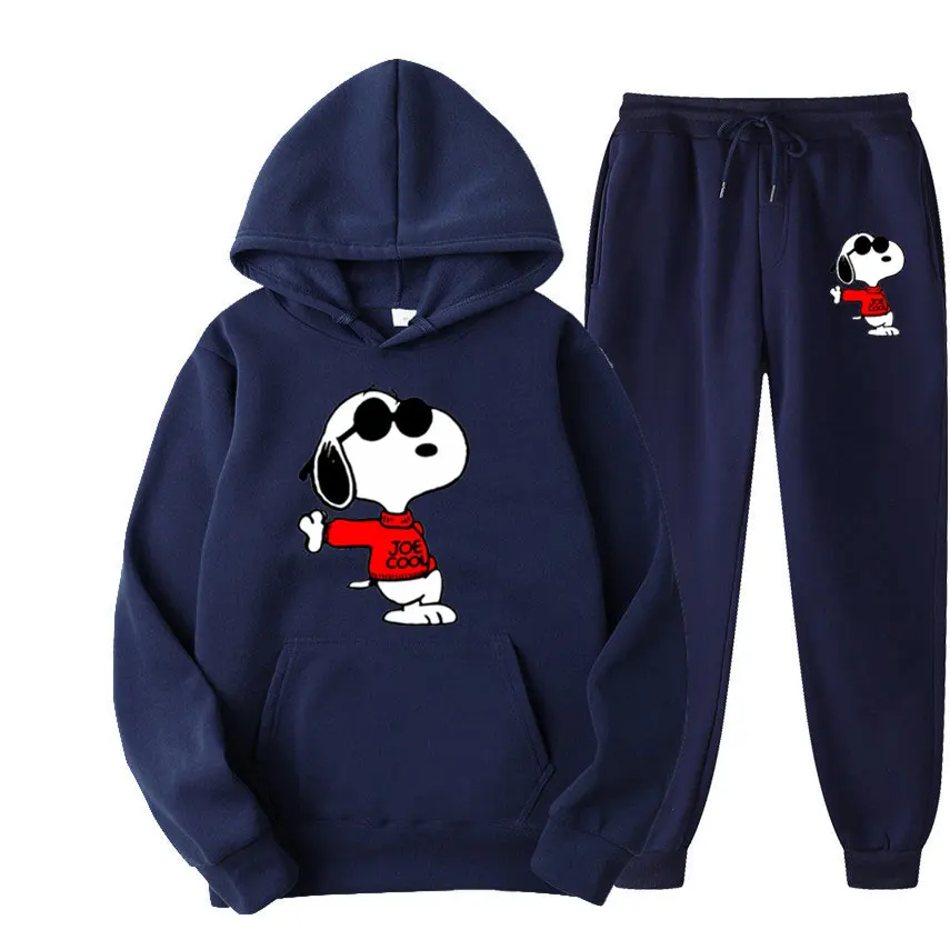 Snoopy setelan Sweatshirt wanita Anime kartun, celana Pullover pria mode baru, setelan celana Hoodie pasangan musim semi musim gugur