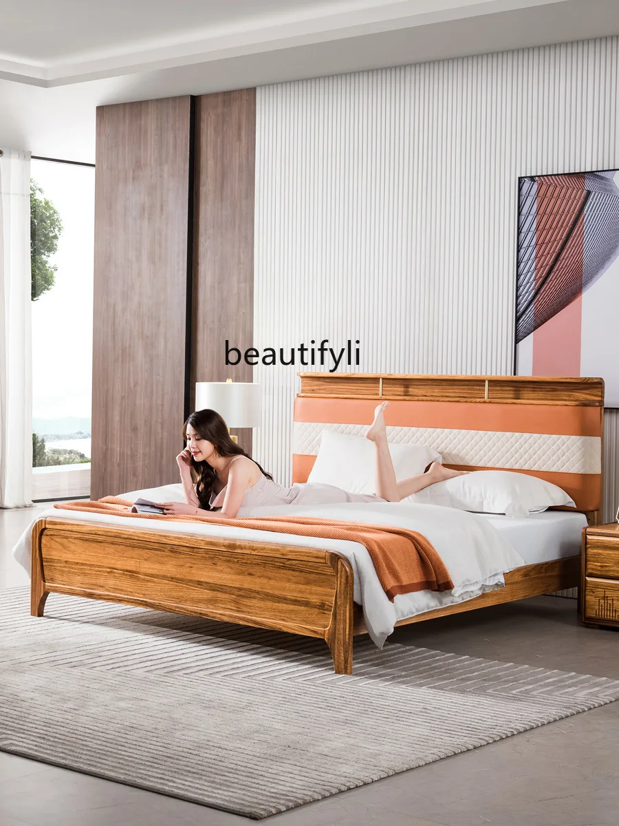 Full Solid Wood Soft Cushion Leather Bed Modern Minimalist Chinese Style Ugyen Wooden Double  Pressure High Box Master Bedroom