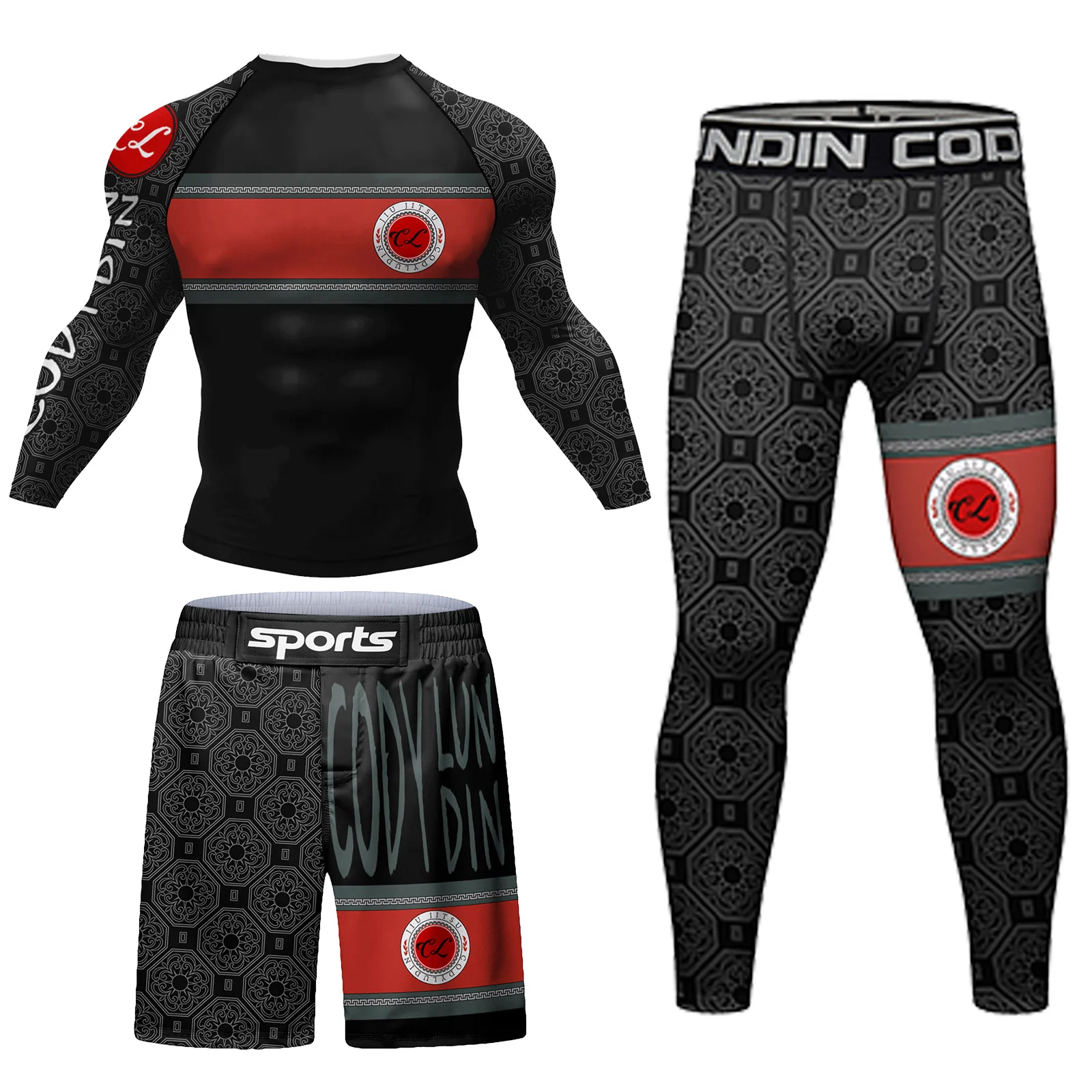 MMA Compression 4pcs/Set Men's Short Sleeve Rashguard + Long sleeve rashguard +Compression Pants + Fight Shorts for BJJ Training