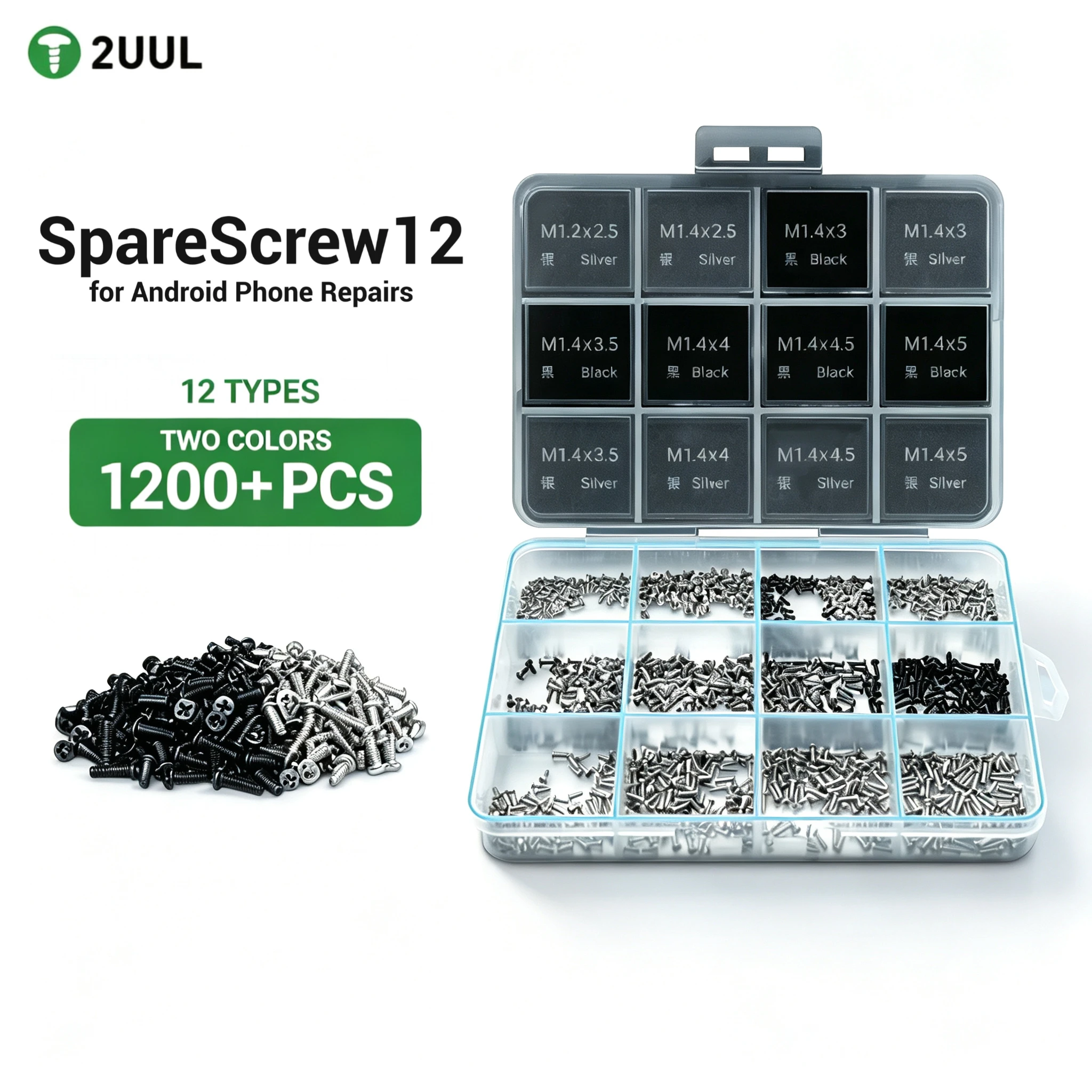 2UUL SC12 12-Type Android Replacement Phillip Screw Set 1200PCS/BOX for 98% Android Phone Repairs 12-Type Phillip Screw Set Tool