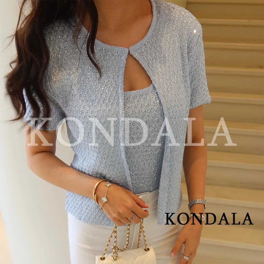 KONDALA Women Chic Beaded Knitted Camisole Set 2026 Early Fall Fashion Holiday Leisure Set Elegant Cardigan Jacket Suspender Top