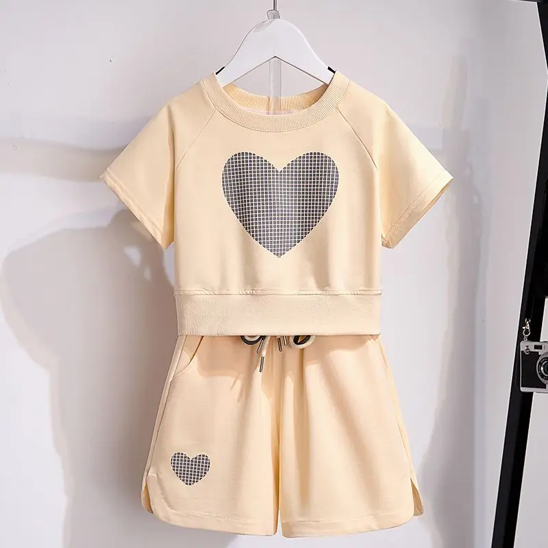 Girls 2024 Summer New Korean Style Heart Print T-shirts+Wide-leg pants 2pcs Suits 6-14 Years Teenage Kids Casual Outfits Clothes