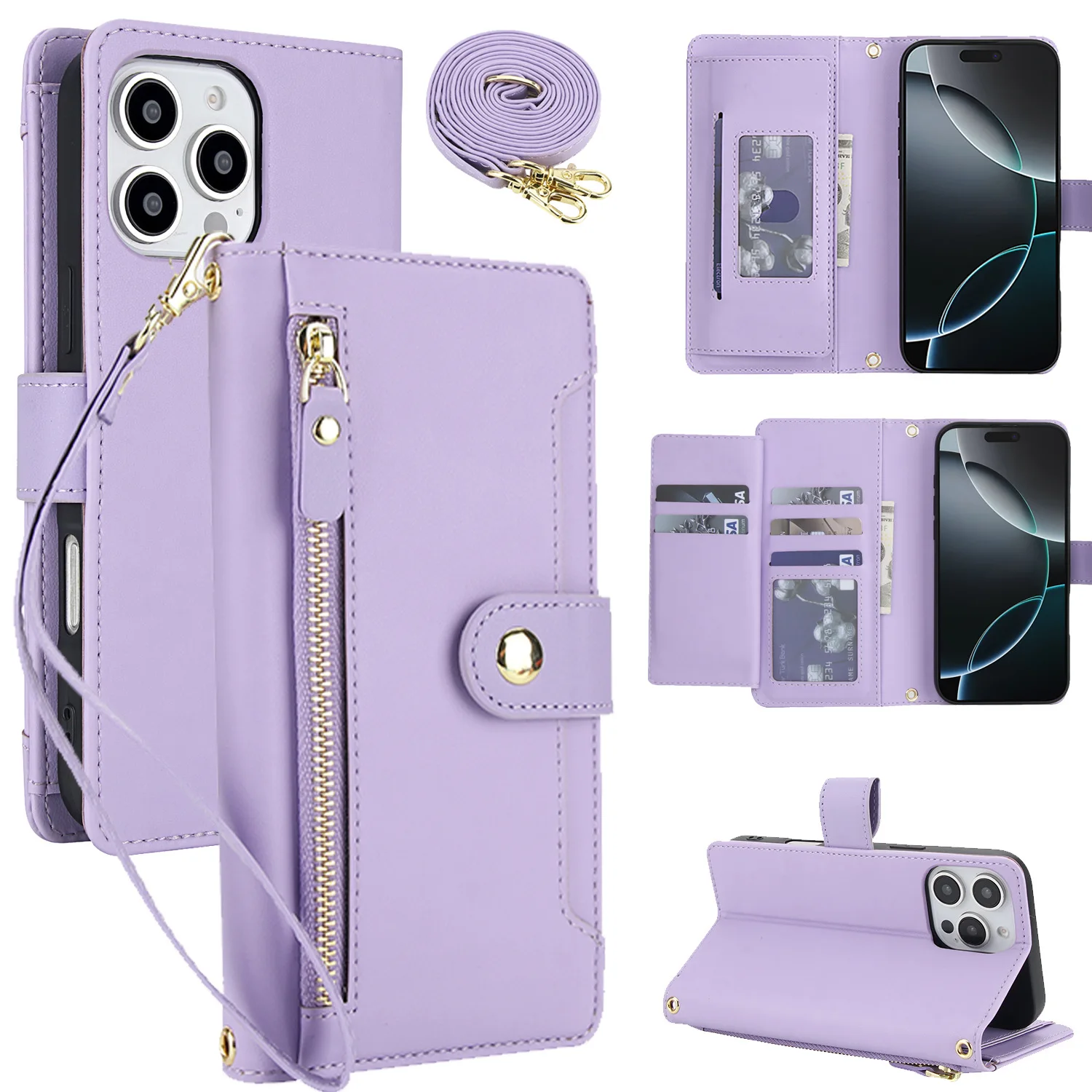 Wrist Strap Leather Zipper Wallet Case For Samsung Galaxy A57 A37 A17 A07 A56 A36 A26 A16 A55 A35 A25 Crossbody 7 Cards Cover
