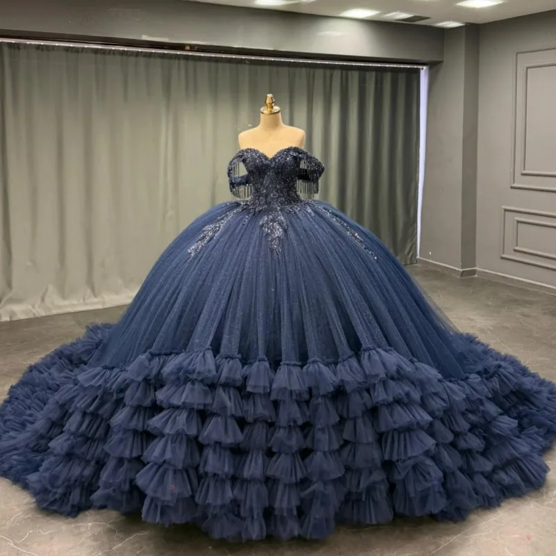 

Customized Shiny blue Quinceanera Dresses Off the Shoulder crystal Sequin decal Lace layering Long tail Vestido 15 Quinceanera