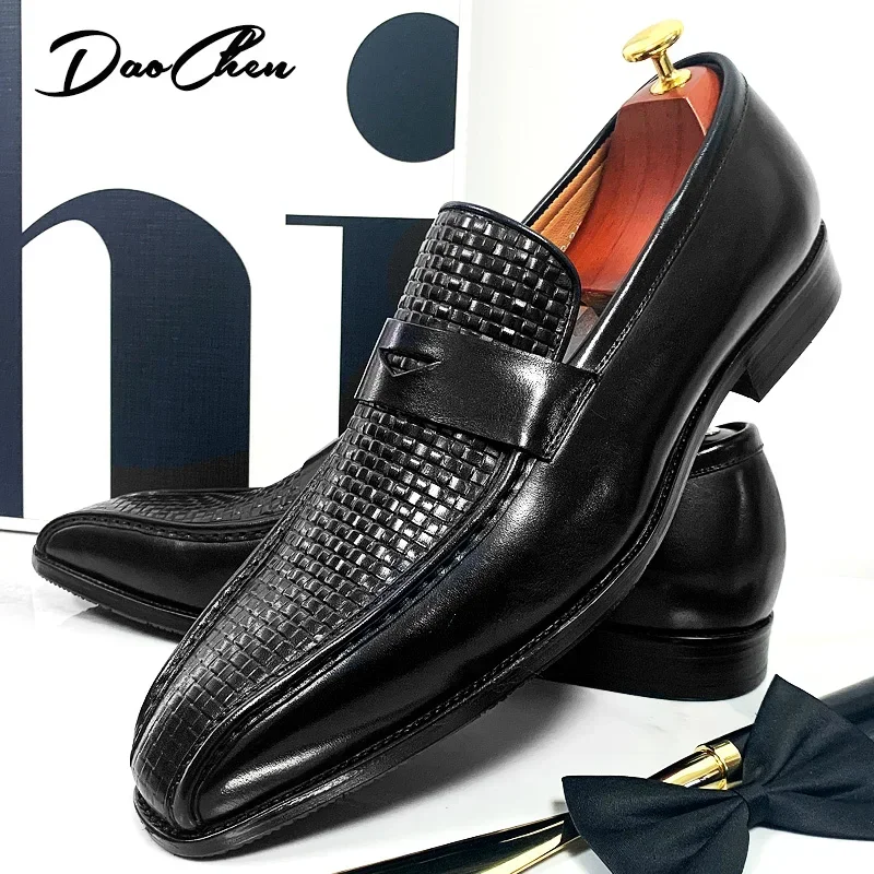 Luxury Brand Men's Leather Shoes Black Brown Prints Pointed Toe Casual Mens Dress Shoes Wedding Office Penny Loafers Men