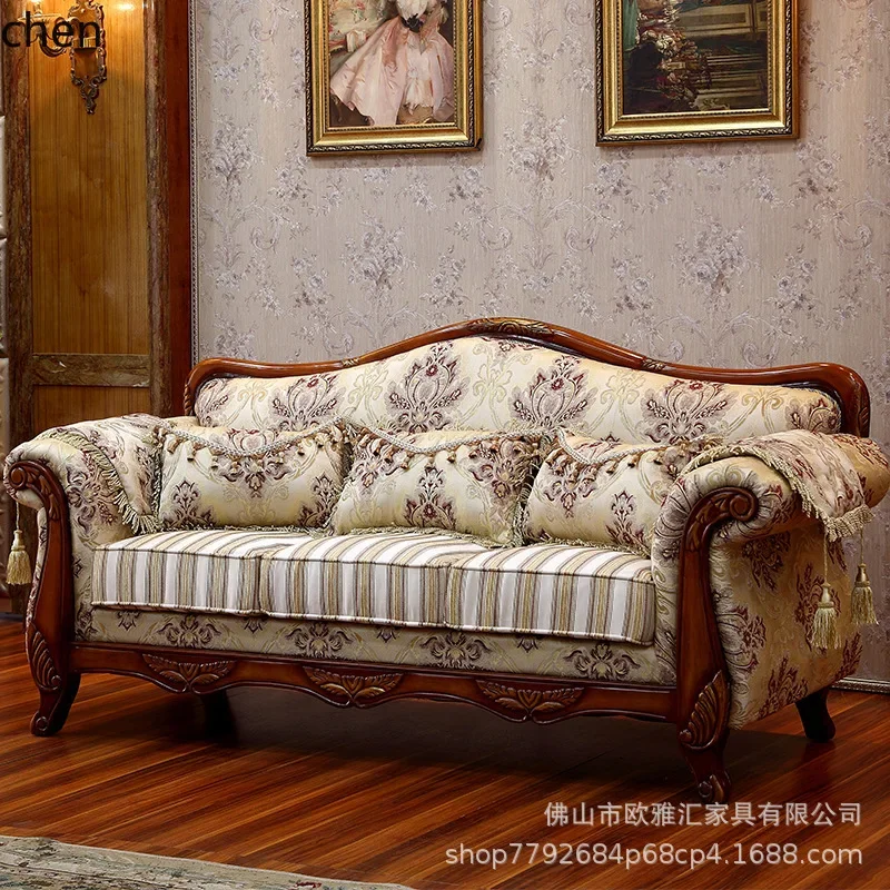 

YFY Fabric Sofa Living Room Full Set Solid Wood Carved Double Small Apartment Simple Three-Seater Sofa