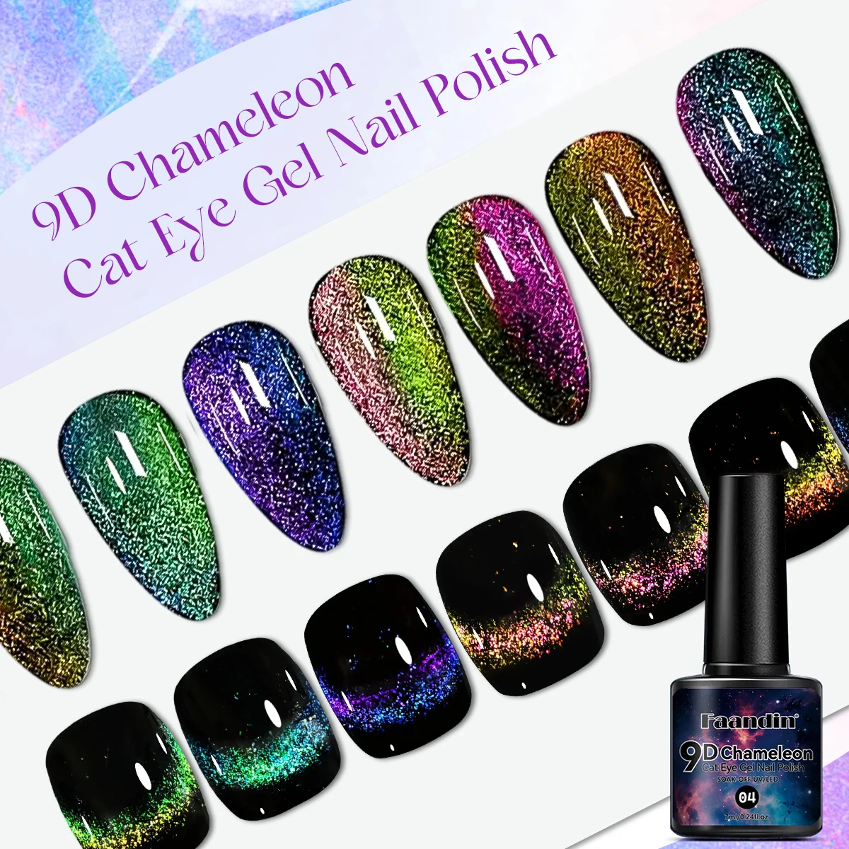 Faandin 7ml*1 Bottle, Seven-Color Changing Peacock Cat Eye Gel Nail Polish, with Black Base Color for Better Effect, Full Color, Not Easy to Peel Off, Long-Lasting Effect, Easy to Operate, Uv Lamp Quick-Drying, a Must-Have Item for Fashionable Ladies Attending Salons and Parties