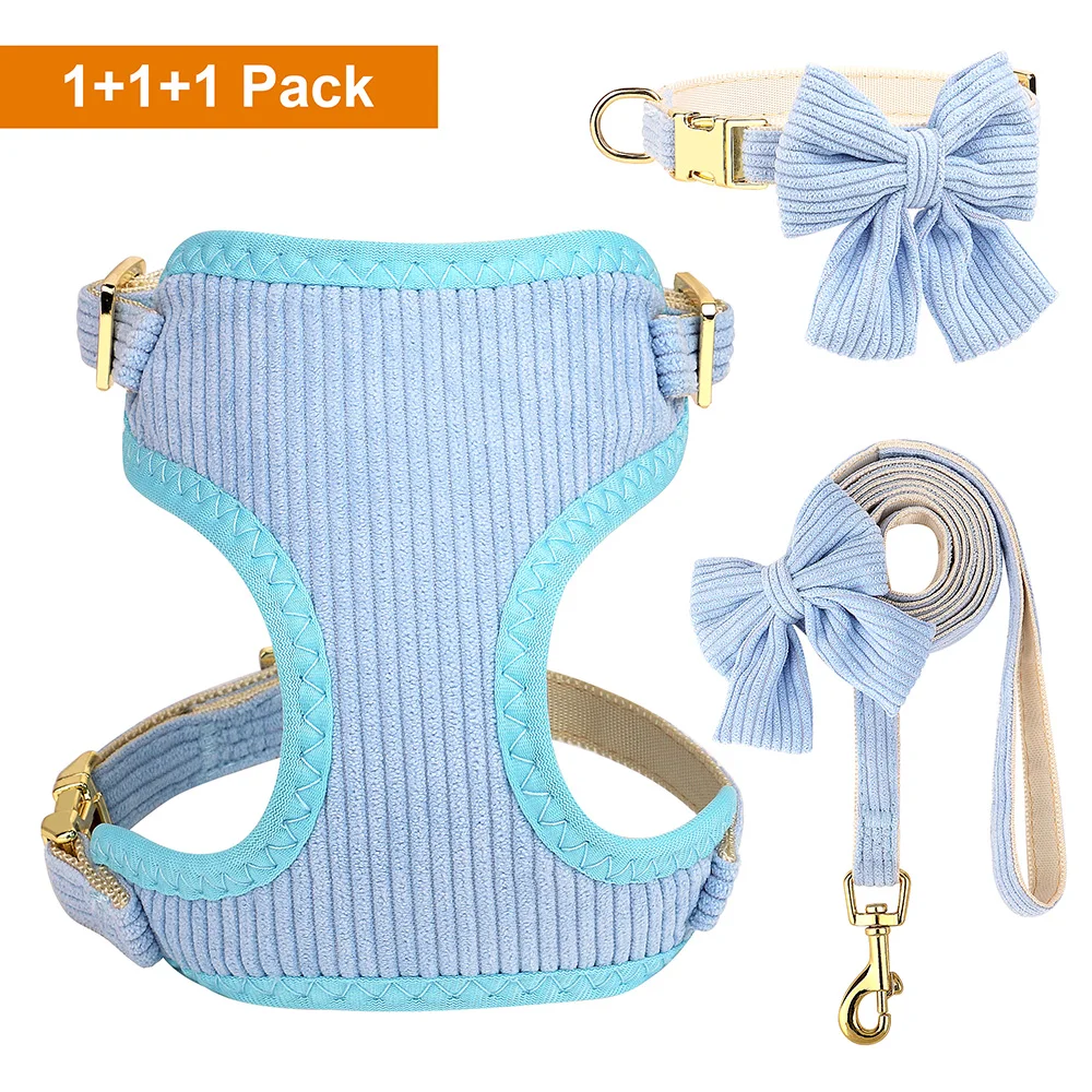 3PCS Dog Collar Harness Leash Set Breathable Dog Harnesses Soft Velvet Puppy Necklace With Bowknot Pet Walking Rope For Dogs Pug_voghion.com