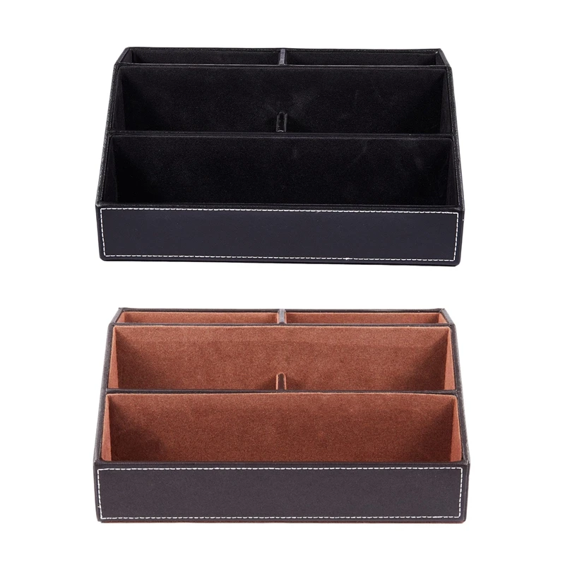 2 Pcs Home Office Wooden Struction Leather Multi-Function Desk Stationery Organizer Storage Box Brown & Black