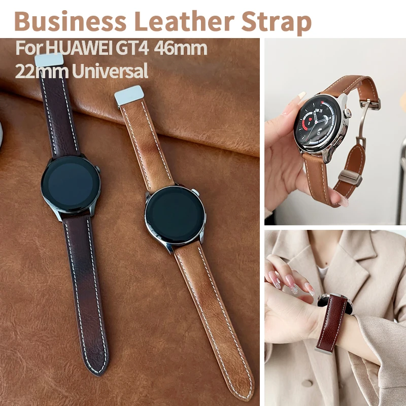 22mm Leather Watch Strap for Huawei Watch Fit 2 GT4 GT3 46mm Business Bracelet for Samsung Galaxy Watch 3 45mm Classic Wristband