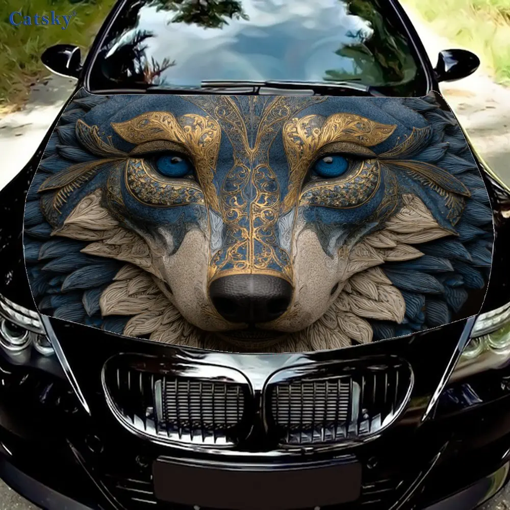 Cool Blue Wolf Car Hood Wrap - Durable, Waterproof, And UV-Resistant PVC Sticker For Trucks, SUVs, And Boats With Easy Installat