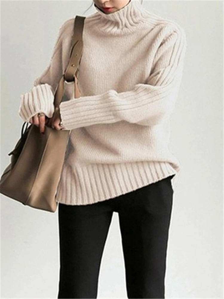 REALEFT Elegant Autumn Winter Casual Loose Women Sweater 2023 New Solid Turtleneck Knitted Sweaters Long Sleeve Pullover Female