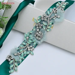 TOPQUEEN Vintage Floral Wedding Belt Emerald Maternity Sash Rhinestones Flower Girdles For Bridal Dress Gown Applique S419-G