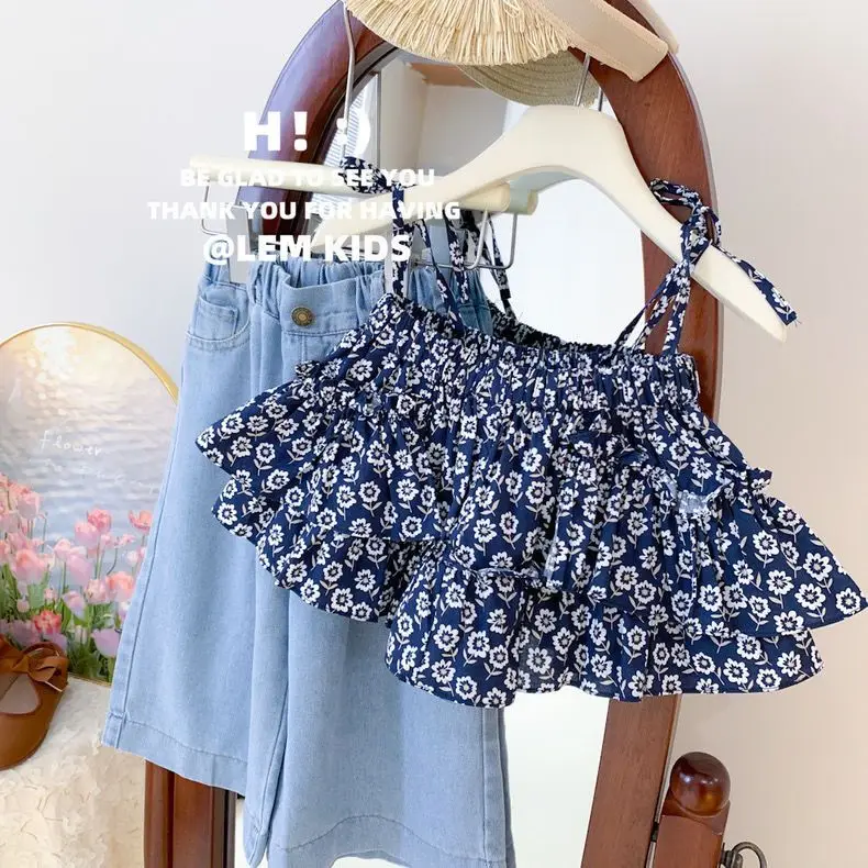Summer Blouse for Girls Set 2026 Korean Clothes for Children Version Floral Camisole Shirts Denim Wide Leg Pants Jeans 2pcs Set
