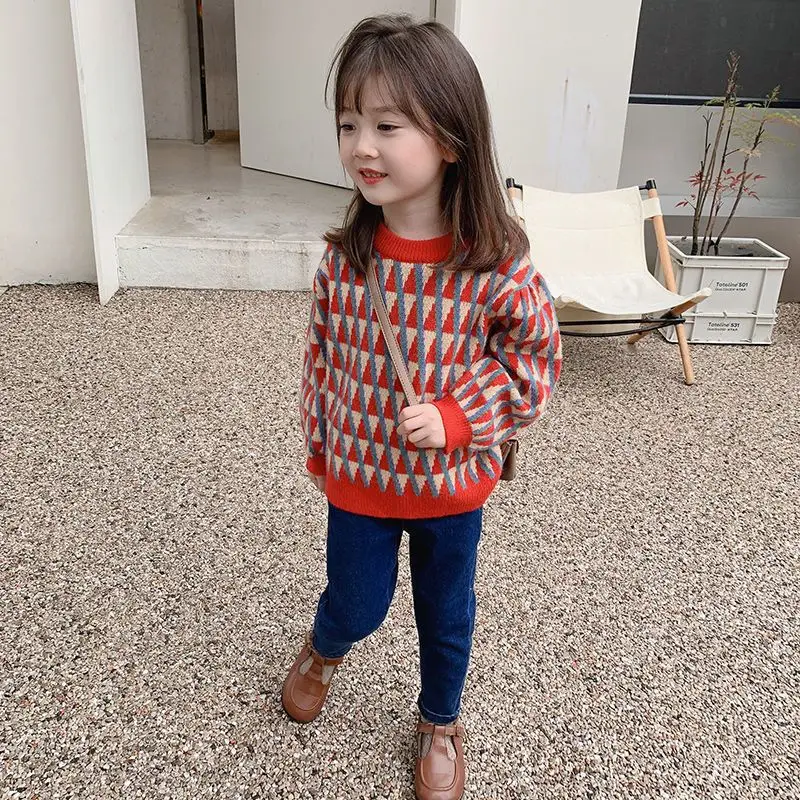 Autumn Winter Baby Girl Sweater Cotton Contrast Geometry Thicken Warm Toddler Girl Pullovers Outwear Knitted Kid Girl Bottom Top