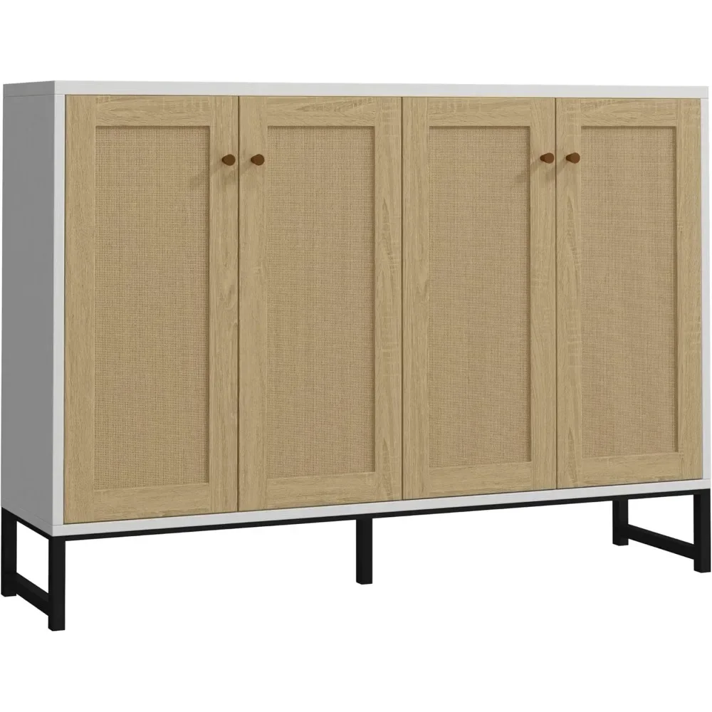 

Sideboard Accent Storage Cabinet with Rattan Decorated 4 Doors Dining Room Freestanding Kitchen Buffet Table Cupboard