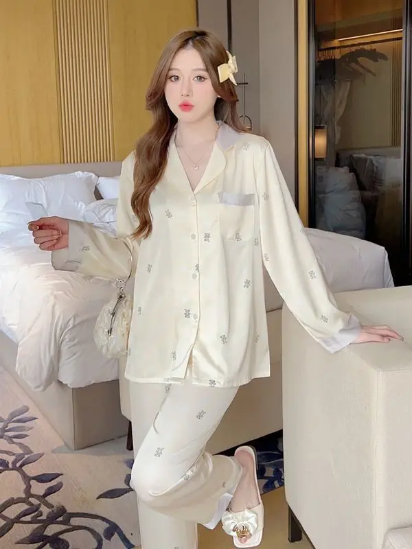 Jacquard Bear Print Pajamas Set Women Sweet Student Home Suit Female Faux Silk Sleepwear Two Pieces Top Pants Casual Loungewear