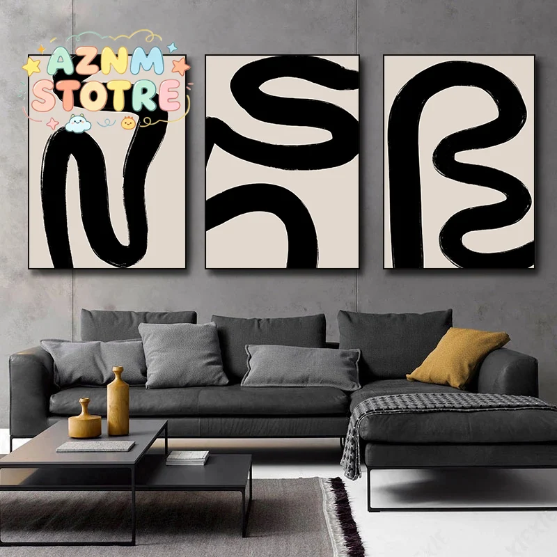 Geometric Abstract Art, Black Neutral Beige Brush Strokes Poster Canvas Painting Print Wall Art for Living Room Home Decor Gi