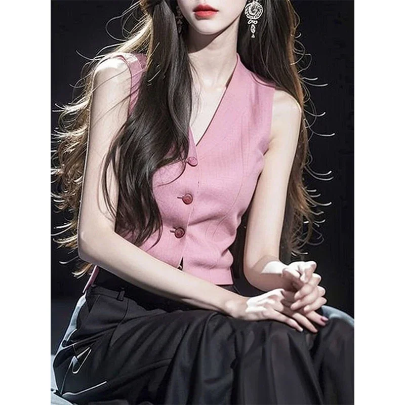

French Fashion V-neck Slim Pink Waistcoat Women Sexy Top Vintage Office Lady Sleeveless Shirts Korean Fashion Trend Kawaii Tops