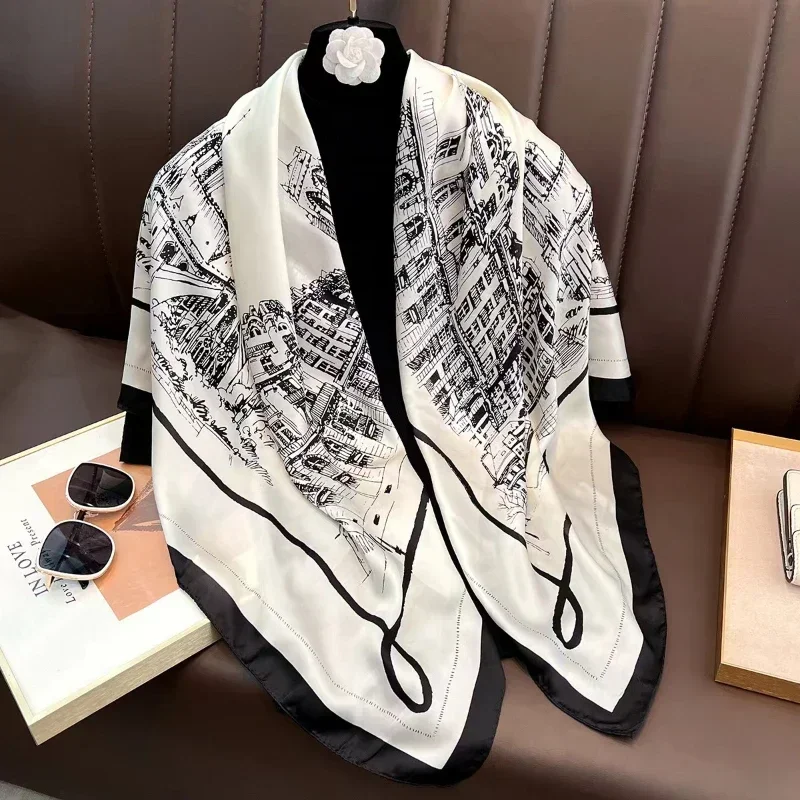 2024 Autumn and Winter New Luxury Square Silk Scarf Women Outdoor Beach Long Windproof Scarf Soft Large Scarf Lady 110*110cm