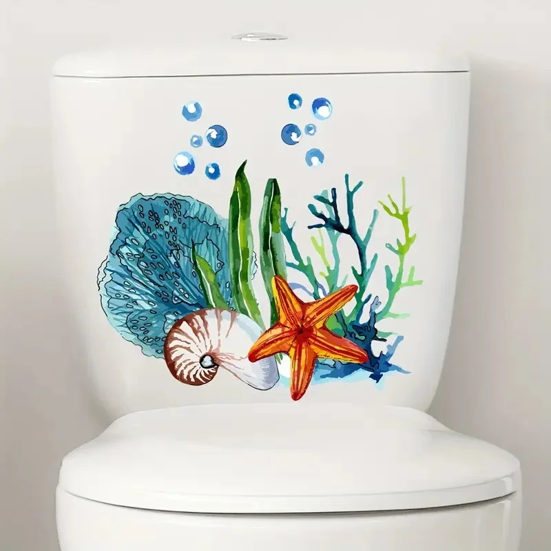 Marine Coral Starfish Conch Seaweed Toilet Stickers Bright Wall for Home, Cabinet, Door,Refrigerator Decoration, Vinyl Car Decal