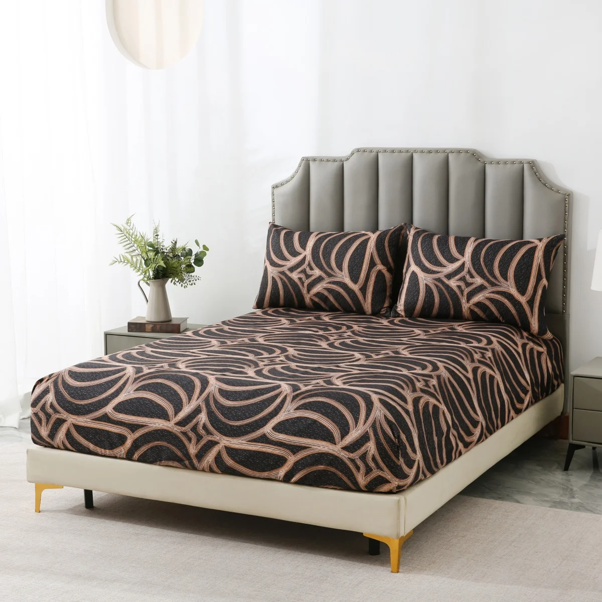 

Abstract Lines Fitted Sheet Set Queen Size with 14" Deep Pocket, Brown Black Farmhouse Bedding with Pillowcase for Kids Adults