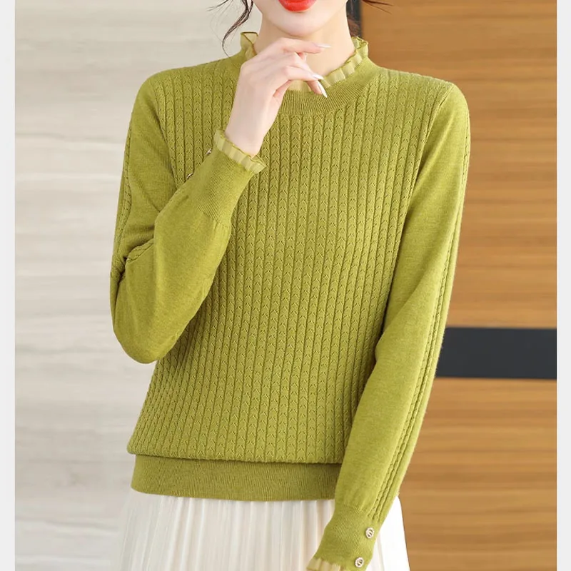 New Autumn Fashion Trend Lace Neck Fashionable Solid Color Loose Versatile Slim Age Reducing Women's Knitted Sweater