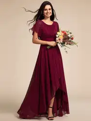 Elegant Evening Dresses Round Neck Ruffles Sleeve Asymmetrical Hem 2024 Ever Pretty of Chiffon Burgundy Bridesmaid Dress