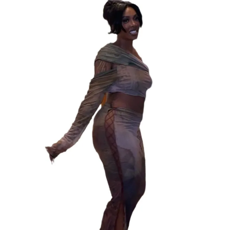 Новая модная юбка с принтом, сексуальный топ с длинными рукавами и шнурком, женский комплект из двух предметов y213