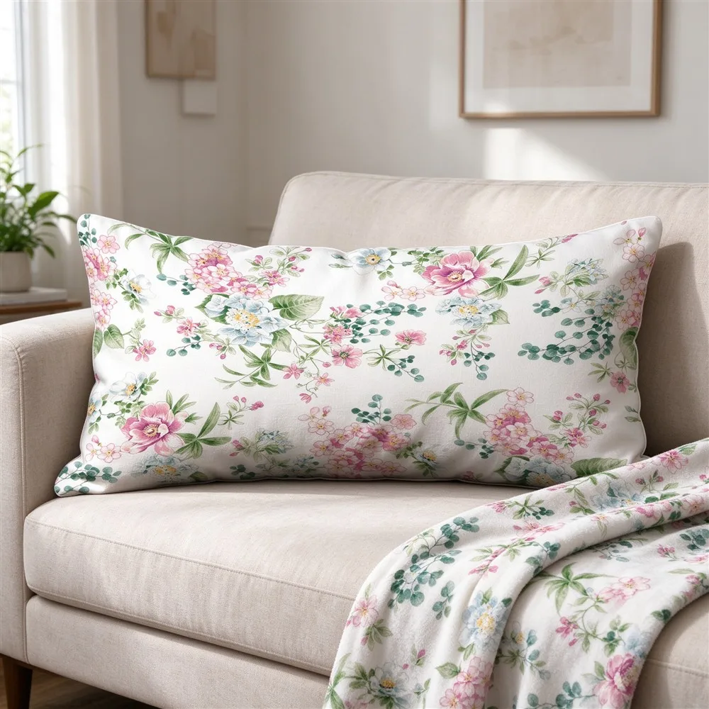 Blush Pink Soft Bloom Print Long Pillow Cover, Soft Style, Condo Decorative, Polyester, Lumbar Pillow, Functional, Home Accent