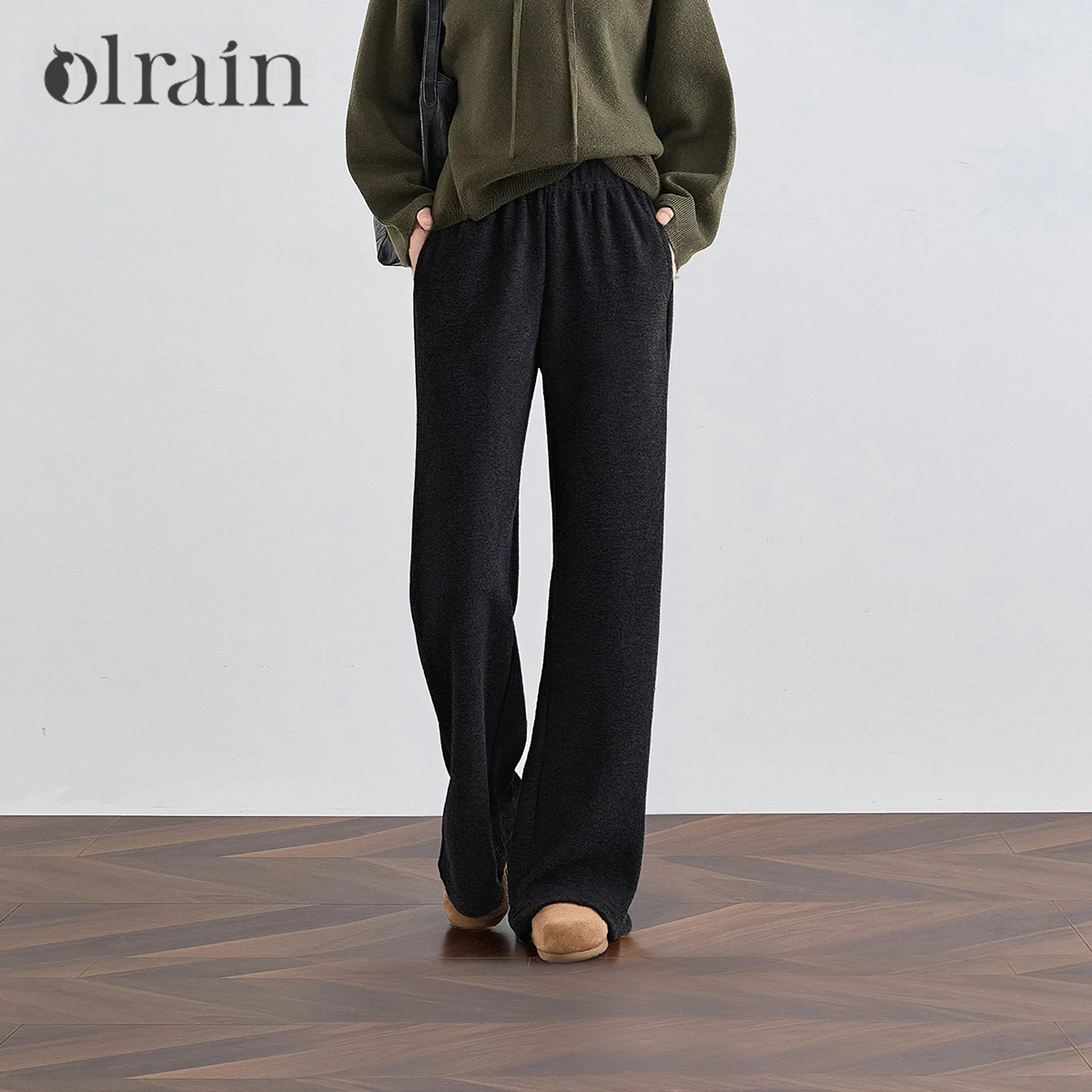 OLrain Women's Winter Knit Pant 2026 Grey High Waist Straight Sweatpant Loose Slim Soft Drape Casual Long Trouser E57QK98056